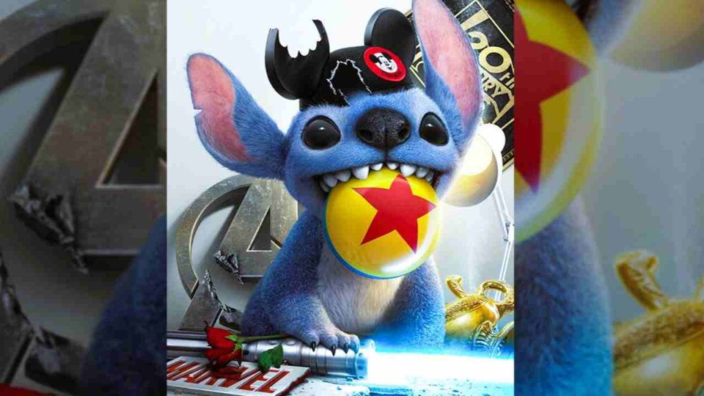 Lilo & Stitch 2 poster —Stitch is biting a Disney ball and looking at you.