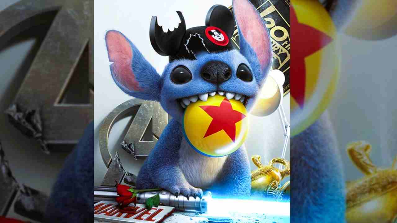 Lilo & Stitch 2 poster —Stitch is biting a Disney ball and looking at you.